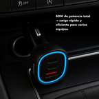 Cargador de Auto MOBO Driv 60W con 3 Puertos USB-C y USB-A, Carga Rápida - Negro