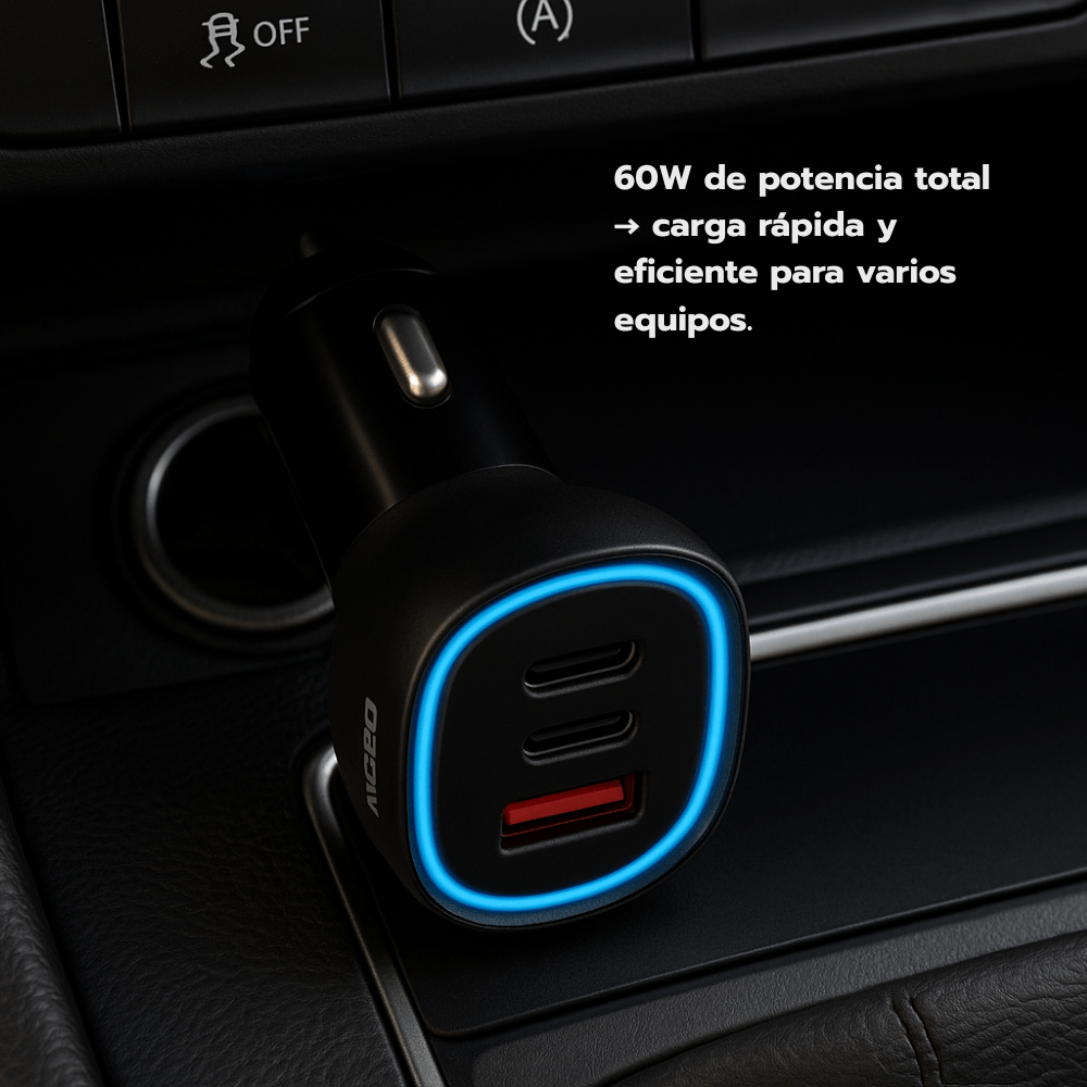 Cargador de Auto MOBO Driv 60W con 3 Puertos USB-C y USB-A, Carga Rápida - Negro