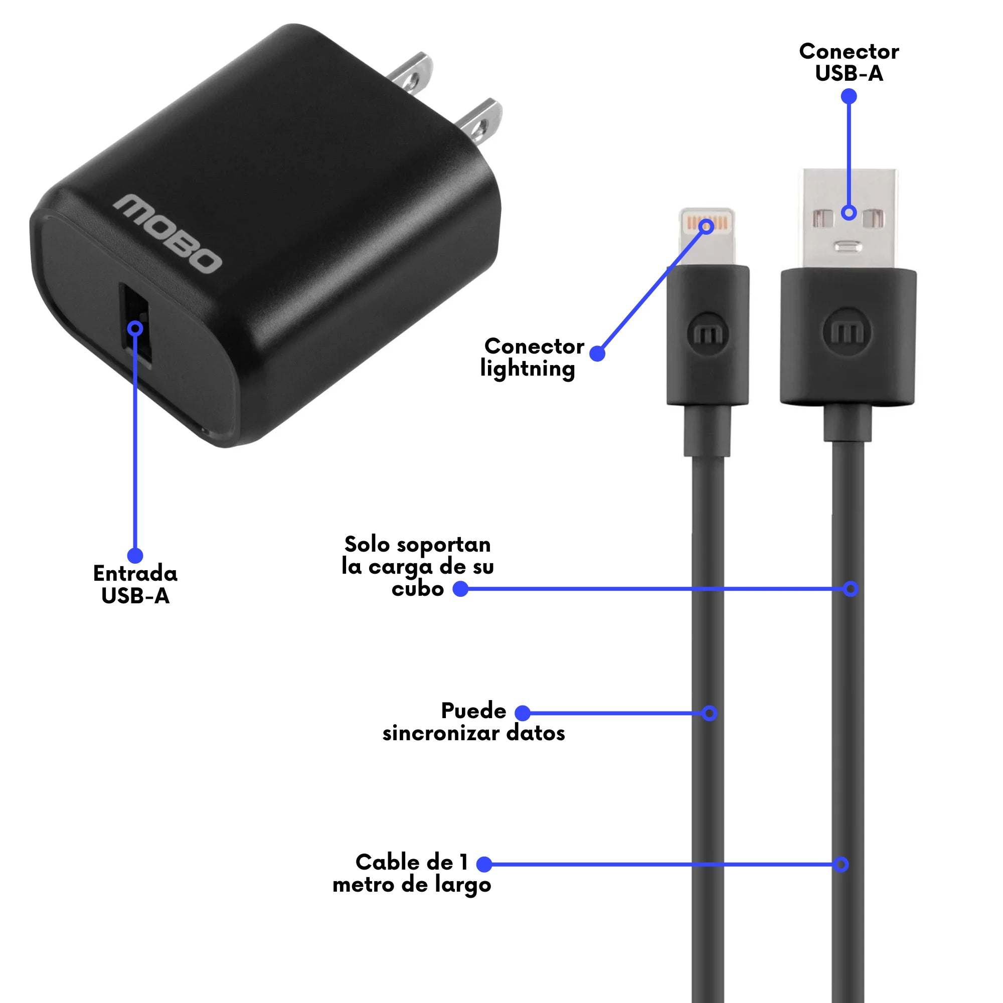 Kit De Carga MOBO 1 Puerto USB-A - cable Tipo C Negro 10w