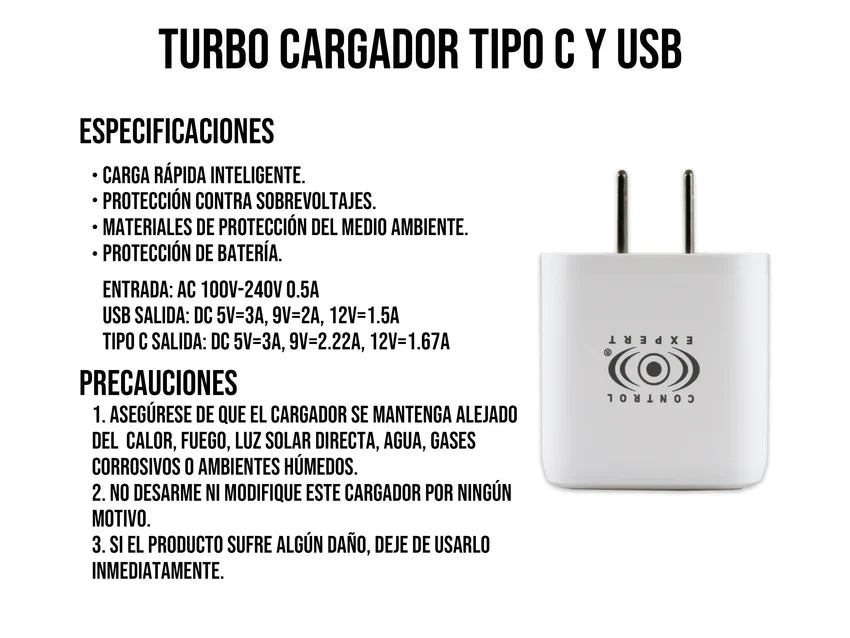 Cargador USB Y Tipo C PD 38W Blanco Control Expert