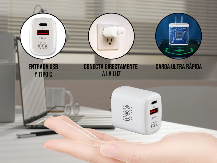 Cargador USB Y Tipo C PD 38W Blanco Control Expert