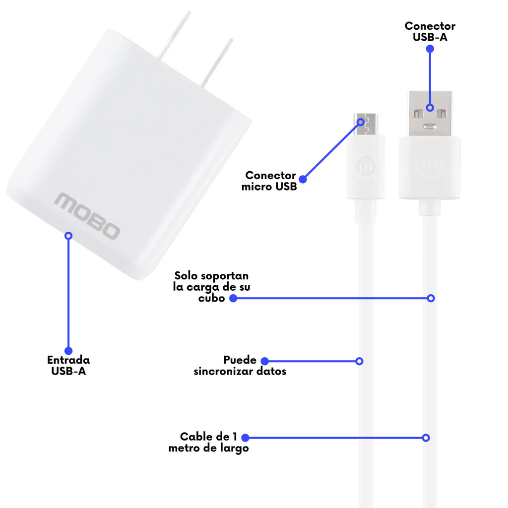 Kit De Carga MOBO 1 Puerto USB-A - cable Micro USB Blanco 10w